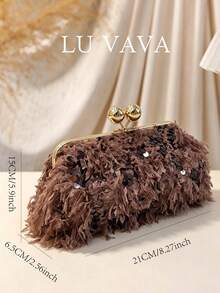 Fuzzy Sequin Coffee Brown Evening Clutch/Ball Party Handbag/Wedding/Prom/Fluffy Clutch/Kiss Lock Clutch/Feather-Look Clutch/Formal Event Bag - Brown - View 4