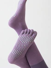 Women Color Block Knee High Five-Toe Non-Slip Yoga Socks, Grippy Silicone Sole Pilates Workout Socks - Multicolor - View 6