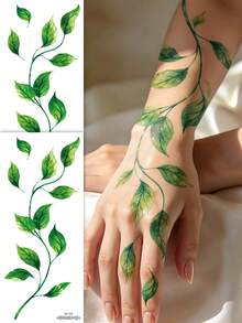 2 Large Temporary Tattoo Stickers - Realistic Green Leaves, Waterproof Body Tattoos, Suitable For Neck, Shoulders, Arms - Long-Lasting Fake Plants, Suitable For Parties, Events, Daily Wear - Easy To Apply And Remove - Body Art, Party Accessories - Green - View 2