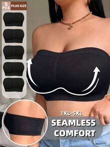 5pcs Plus Size Bandeau Bra Tube Tops Autumn Winter Thermal Seamless Wireless Strapless Bralette Soft Daily Basic Underwear Intimates - Black - View 1