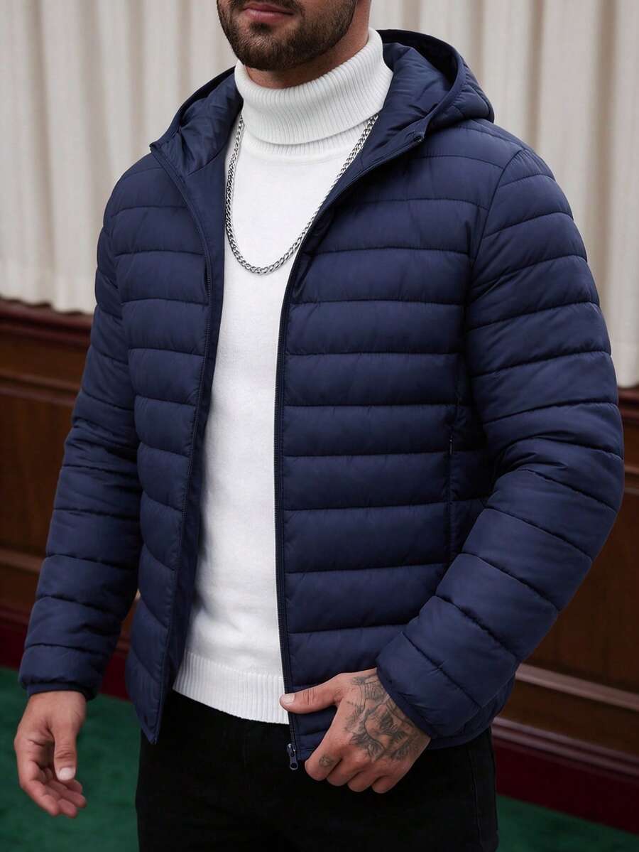Men's Winter Daily Commute Solid Color Minimalist Versatile Casual Hooded Padded Coat - Blue - View 1
