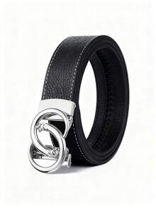 Men's Double Ring Leopard Head Automatic Buckle PU Belt, Litchi Grain Stitching, 47 Inch Business Leather Belt - Multicolor - View 6