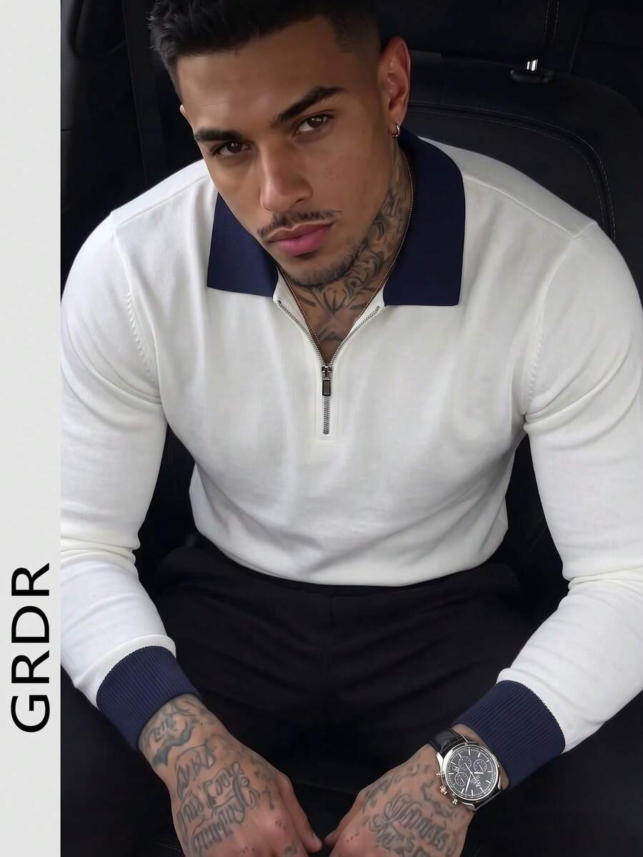 GRDR Men's Autumn/Winter Colorblock Turn Collar Knit Sweater, Solid Color Long Sleeve Knit, Suitable For Autumn/Winter Outings And Travel, Fashion Essential - White - View 1