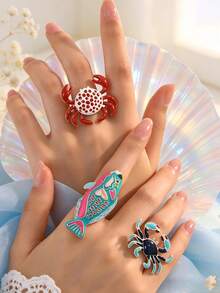 1pc Creative Ocean Style Red Crab Ring, Cute Cartoon Polka Dot Animal Design Exaggerated Adjustable Joint Ring, Fashionable Accessory Gift - Multicolor - View 1