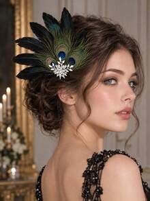 Vintage 1920s Peacock Feather Hair Clip,Rhinestone Decor Black Feather Barrette,Glamorous Hair Accessory For Women Cocktail Party Prom Wedding Costume - Multicolor - View 3