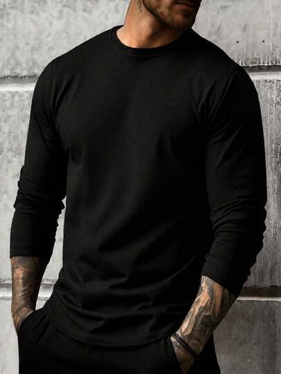 1 pieza Playera de hombre manga larga cuello redondo color sólido, ajuste cómodo estilo casual streetwear ideal para uso diario vacaciones y eventos festivos