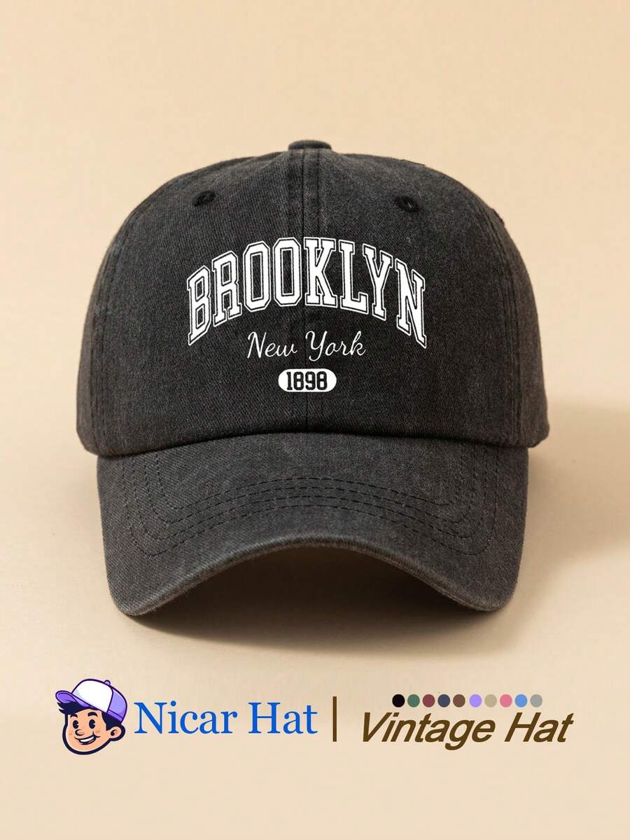1pc Saudi Arabia Pattern Printed Vintage Washed Men's Baseball Cap With 'BROOKLYN 1898 NEW YORK', Lightweight Comfortable Adjustable Multi-Functional Baseball Cap, Unisex Trucker Hat Suitable For Daily Outings, Outfits, Holiday Parties And More