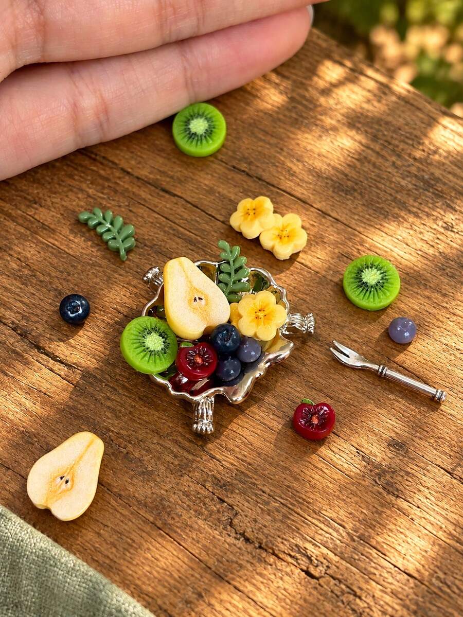 Miniature Fruit Platter Model, Silver Plate And Fork With Mixed Fruit Model Decor, Dollhouse Kitchen And Dining Room Scene Decoration - one-size - View 1