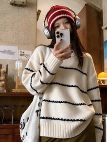 2026 Autumn New Women's Half-High Neck Striped Knit Sweater, Loose Fit Slimming Pullover Top, Versatile - Beige - View 3