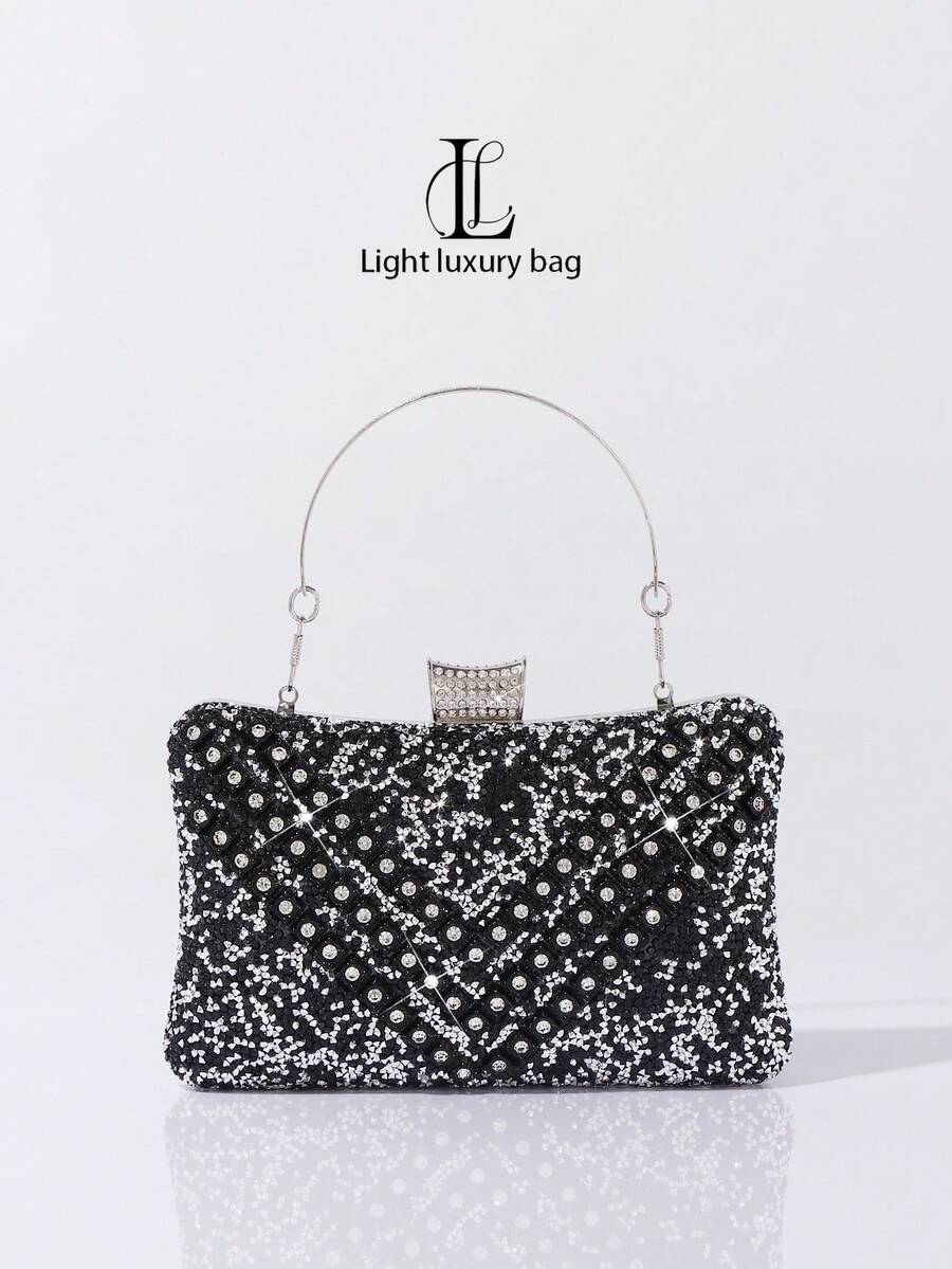 1pc Luxury Sparkling Rhinestone Handbag, Elegant Black Evening Clutch, Perfect For Weddings, Bridal Parties And Formal Occasions - Black - View 1