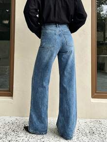 Women's High Waist Wide Leg Jeans, Elegant Fashion, Casual Versatile, Simple Comfortable, Home & Commute, Washed Denim Jeans, Suitable For Autumn Wear, Autumn Outfit Matching, Also Suitable For Winter Outfit Matching - Medium Wash - View 9