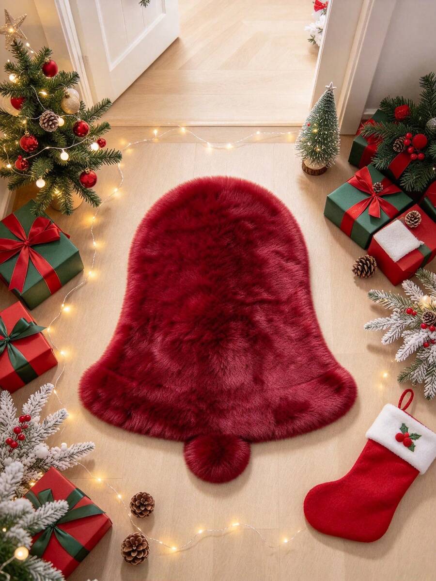 1pc Red Christmas Bell Shaped Faux Rabbit Fur Rug, Hand-Cut With 1-5cm Error, Suitable For Autumn/Winter, Christmas Decoration Carpet, Bedroom Decor, Small Rug, Carpet, Home Decor, Living Room Carpet, Living Room Small Rug, Bedroom Carpet, Living Room Home Decor, Outdoor Carpet, Washable Carpet - A - View 1
