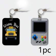 1pc Push-Pull Card Holder Keychain, School Bus Game Machine Pattern ID Card Holder, Identity Work Badge, Card Protective Cover, Push-Pull Sliding Design, Suitable For School, Doctor, Office Workers - A - View 1