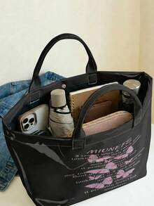 1pc Lavender Butterflies Print Glossy PVC Tote Bag,Large Capacity,Top Handle,For Beach,Commute & Daily Use,Versatile And Practical.Ideal Gift Item - Black - View 6