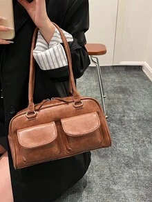 多隔層手機口紅個人用品收納肩背包，拉鍊開合，復古學院風，適合日常通勤、購物、約會，可手提或肩背，美拉德復古紋理法棍小包，簡約百搭休閒旅行包 - 棕色 - 查看 3