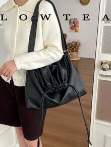 1pc Solid Color PU Fabric Women's Casual Large Capacity Shoulder Bag Bucket Bag With Adjustable Strap And Drawstring Closure, Suitable For Daily Shopping And Commuting - Black - View 5