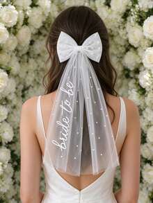 1pc Elegant Satin Bow Beaded Short Veil Mesh Bridal Headpiece - Multicolor - View 1