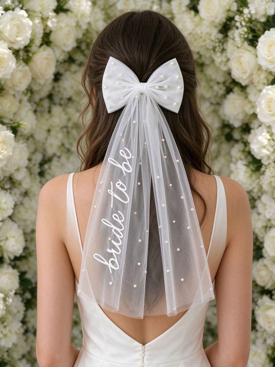 1pc Elegant Satin Bow Beaded Short Veil Mesh Bridal Headpiece - Multicolor - View 1