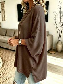 2026 Plus Size Women's Solid Color Round Neck Batwing Sleeve Loose Casual Sweater - Coffee Brown - View 2