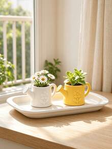 Creative Watering Can Shaped Small Flower Pot, Embossed Floral Cute Succulent Planter, Desktop Mini Potted Plant Decor Ornament, Balcony Indoor Greenery Small Flower Vase - Watering Can and Flower Pot - View 7