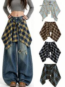 New Plaid High-Waist Skirt With Decorative Drawstring Design, Unisex, Adjustable Tie, Ruffle Hem, Suitable For Home Wear, Autumn/Winter - Multicolor - View 1