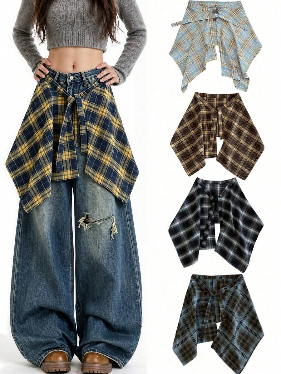 New Plaid High-Waist Skirt With Decorative Drawstring Design, Unisex, Adjustable Tie, Ruffle Hem, Suitable For Home Wear, Autumn/Winter - Multicolor - View 1