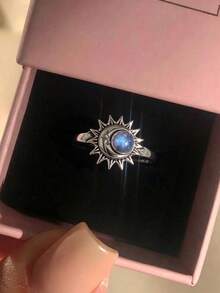 1pc Silver Sun Moon Labradorite Ring, Bohemian Celestial Round Natural Stone Thin Band Women's Ring, No Box - Silver - View 6
