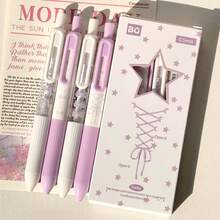 4 buah/Paket Pulpen Gel Klik Bentuk Pita 0,5mm Ungu Set Alat Tulis Siswa Lucu, Gaya Feminin Pulpen Tulis untuk Belajar dan Kantor, Kotak Hadiah - Set - View 9