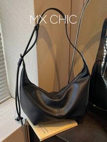 1pc Solid Color PU Shoulder Bag, Fashionable Large Capacity Crescent Moon Shape Women's Bag, Suitable For Adult Women's Fashion Outfits, Shopping And Outings - Black - View 1