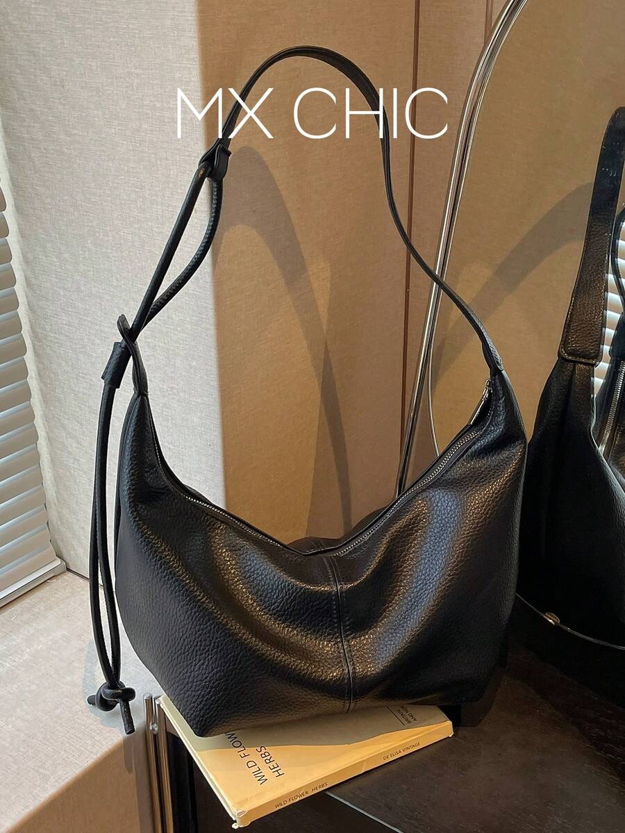 1pc Solid Color PU Shoulder Bag, Fashionable Large Capacity Crescent Moon Shape Women's Bag, Suitable For Adult Women's Fashion Outfits, Shopping And Outings - Black - View 1