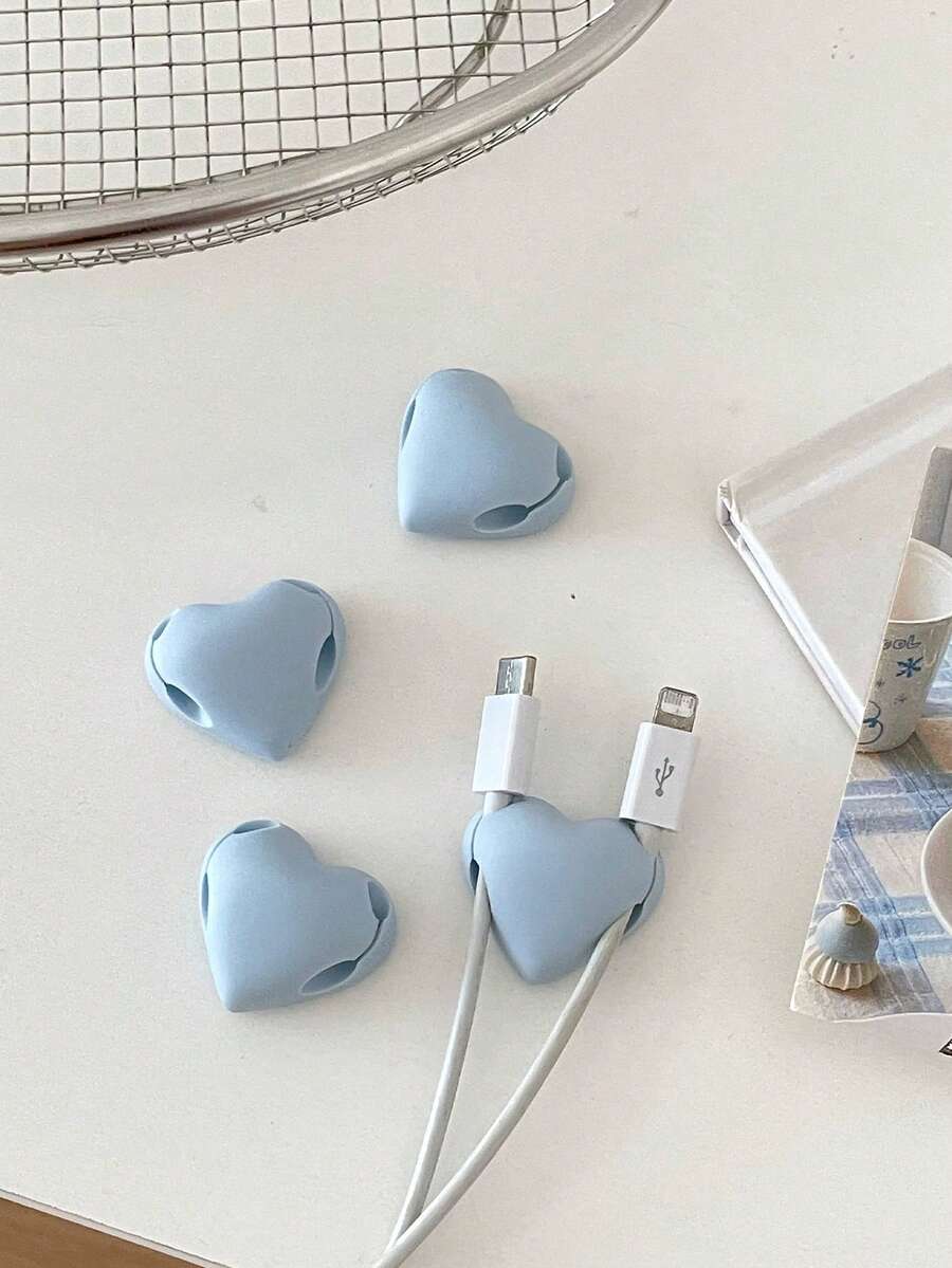 5入心形充電線收納夾，愛心充電線固定座，免鑽孔背膠矽膠理線夾，雙槽式桌面黏貼式理線夾 - 彩色 - 查看 1