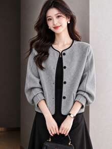 YUXIN Women's Elegant Round Neck Short Jacket, Black Trim, Front Button Closure, Patch Pockets, Loose Balloon Sleeves, Fashion Outerwear, Suitable For Office, Autumn/Winter Wear - Grey - View 7