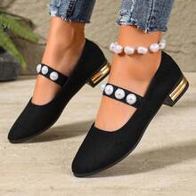 New Women's Pointed Toe Mary Jane Pumps, Black Velvet Upper, Straight Pearl Elastic Strap, Cute Sweet Elegant Style Chunky Heel, Commute All Season - Black - View 2