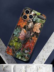 1pc Black TPU Colorful Glass Art Maple Leaf Pattern Full Coverage Shockproof Phone Case And 1pc Black Colorful Glass Art Maple Leaf Pattern Wrist Strap, Suitable For Versatile Phone Case/Wrist Strap Phone Case/Interesting Phone Case/Apple Phone/Android Phone Case - Multicolor - View 4