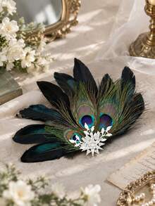 Vintage 1920s Peacock Feather Hair Clip,Rhinestone Decor Black Feather Barrette,Glamorous Hair Accessory For Women Cocktail Party Prom Wedding Costume - Multicolor - View 9