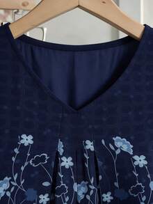 Plus Size Women's Casual Short Sleeve Shirt Floral Print V-Neck Double Layer Cover Up Top - Blue - View 5