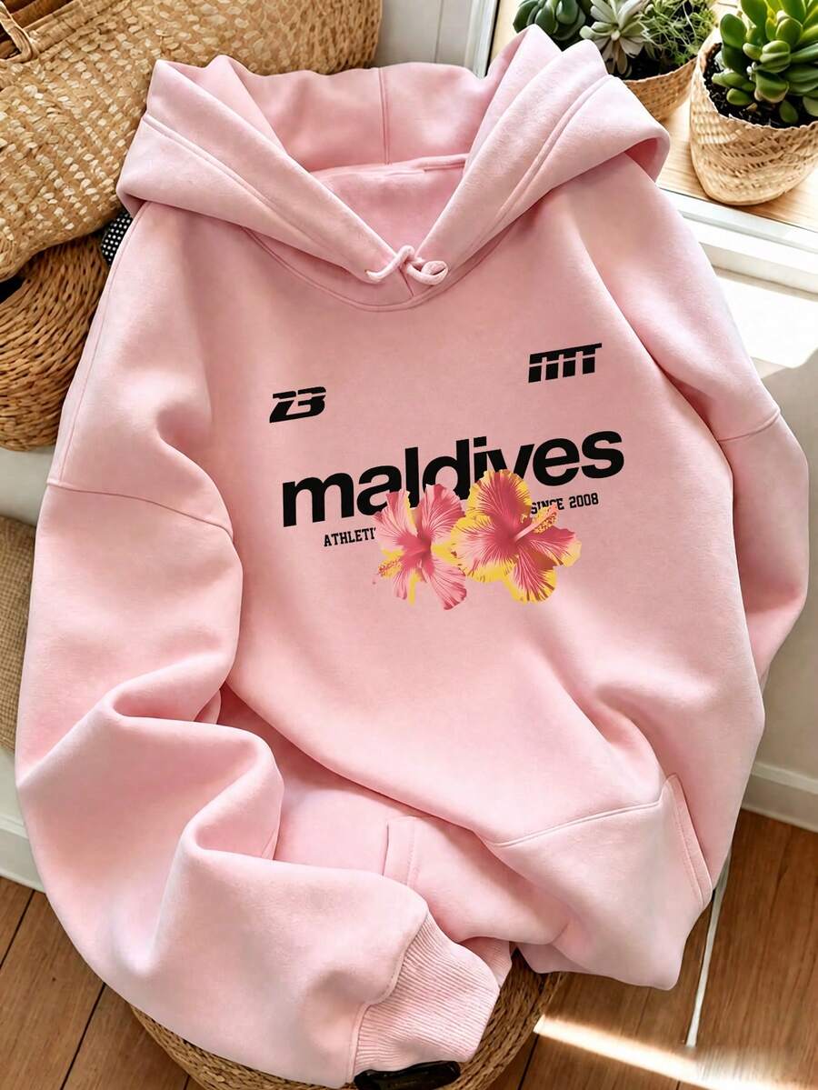 1pc Women's Tropical Floral & Letter Print Drawstring Sweatshirt, Casual Y2K Style Warm Pullover Sweatshirt Fall - Baby Pink - View 1