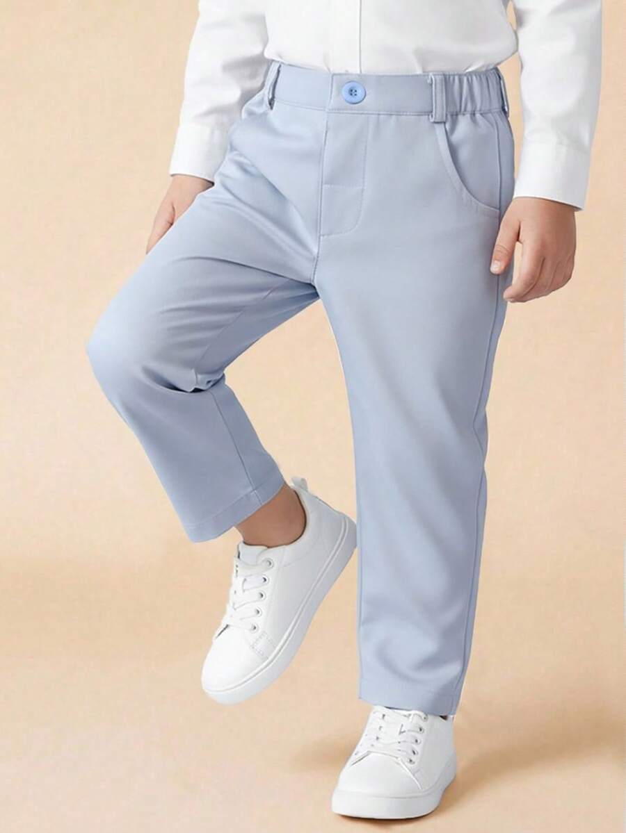 BOARNSEORL Young Boys' Black Elastic Waist Solid Color Casual Comfortable Pants, Versatile For Spring/Autumn Daily Wear - Baby Blue - View 1