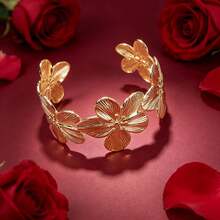 Gold Flower Open Cuff Bracelet 3D Floral Metal Wide Band Bracelet Adjustable Personalized Jewelry Women's Daily Party Gift - Gold - View 4
