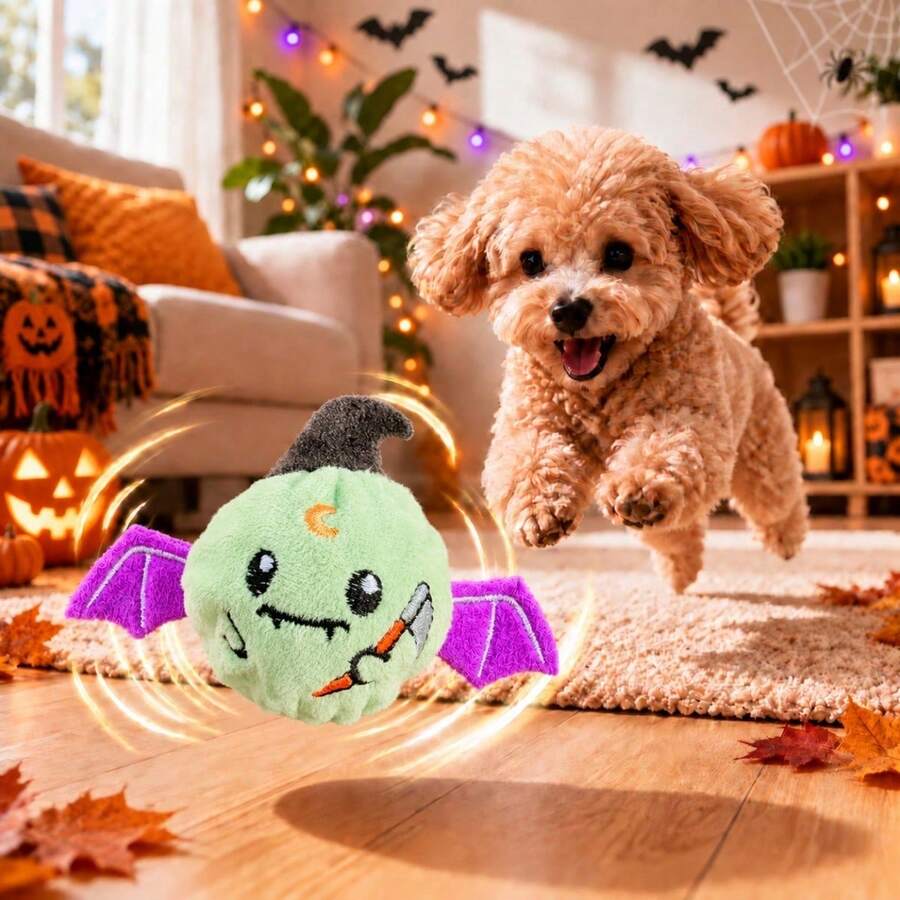 1pc Halloween Pet Bouncing Squeaky Ball, Bat Monster Shaped Dog Interactive Toy, Durable Chewing Chasing Boredom Relief Ball, Small Dog Training Play Supplies, Holiday Pet Gift - Cadet Blue - View 1