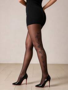 1 Pair Women's Vertical Line Floral Print Tights, Perfect For Parties And Daily Wear - Multicolor - View 4