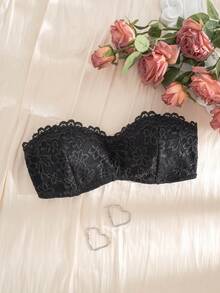 Women's Strapless Lace Patchwork Hollow Back Design Wire-Free Bandeau Bra - Black - View 7