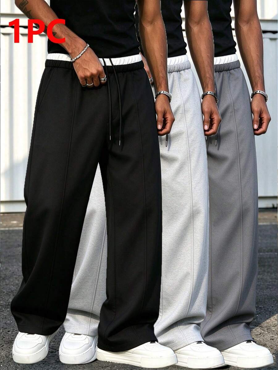 Men's High Street Style Double Waistband Casual Pants, Adjustable Elastic Waist Without Tightness, Side Slant Pockets, Suitable For Daily Commute And Gatherings, Atmospheric Must-Have Pants - Black - View 1