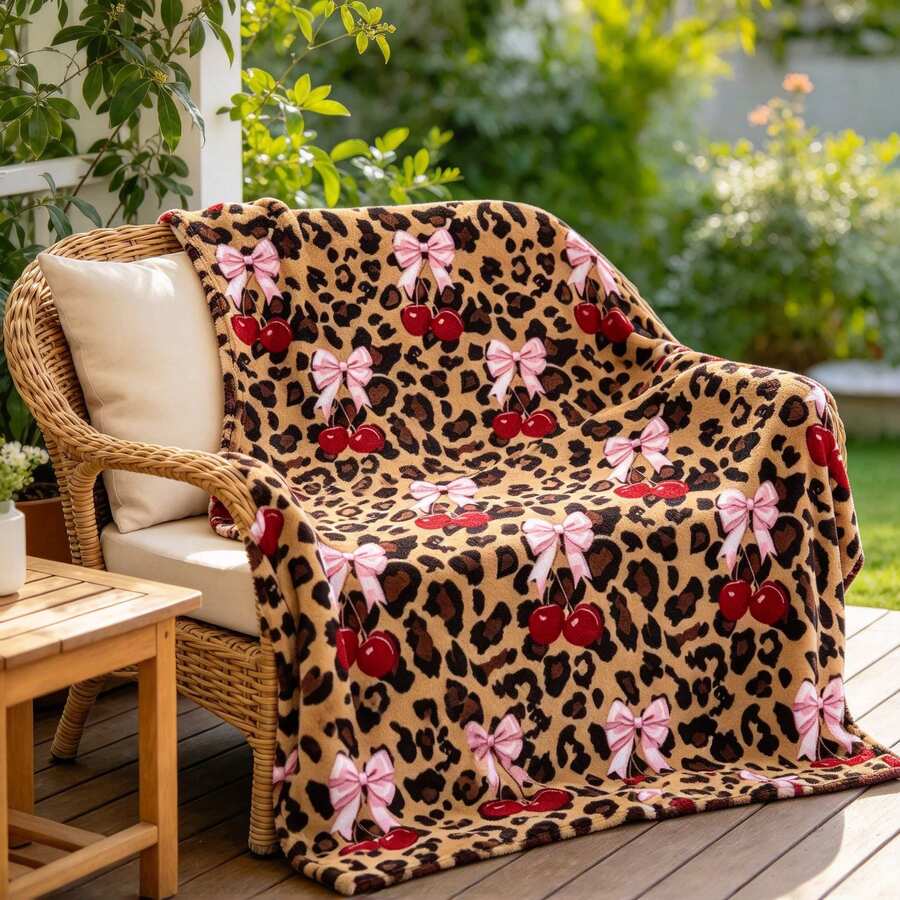 1PC Leopard Print Cherry Bow Throw Blanket, Retro Style Flannel Blanket For Sofa Couch Home Decor - Multicolor - View 1