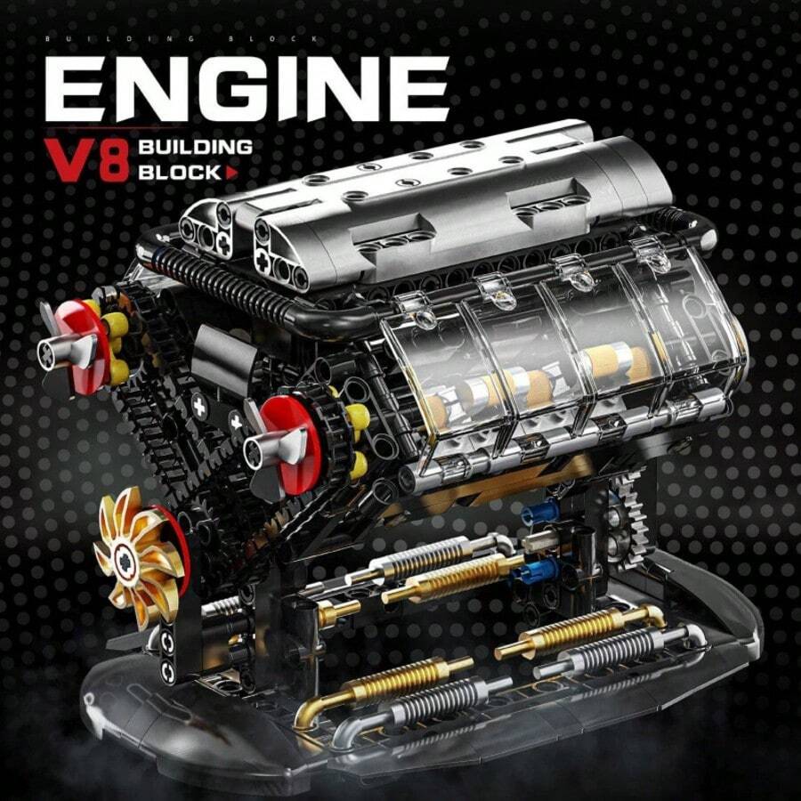 502 Pieces Classic Mini Mechanical V8 Engine Model (No Battery) Static Model Building Toy, Plastic Building Blocks, Model Car, Racing Car Accessory Device, Model Display Decoration - Multicolor - View 1