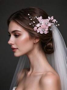 1pc New Korean Style Bridal Wedding Hair Accessory, Handmade White Shell Petal Pearl Crystal Hair Clip,Summer,Beach - 63376 Pink - View 3