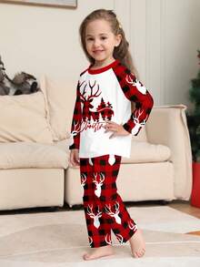 Children's Christmas Pajama 2 Pieces Set, Red & Black Contrast Raglan Long Sleeve Top With Reindeer, Christmas Tree & Blessing Print, Red & Black Plaid Reindeer Head All-Over Print Pants, Holiday Loungewear Set, Christmas Gift - Multicolor - View 2