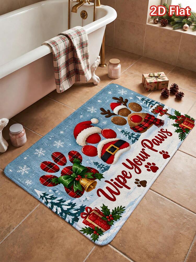 1pc Christmas Floor Mat Cute Blue Christmas Puppy Paw Print Gift, Felt Material, Machine Washable, Printed Carpet Perfect For Entryway Door Mat, Bathroom, Living Room, Laundry Room, Home Decor, Autumn/Winter Decoration, Ideal For Home And Kitchen Decor - Blue Christmas - View 9