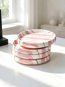 1pc/2pcs/4pcs Pink Hand-Drawn Striped Ceramic Mini Plates, 4.5" Round Small Plate For Afternoon Tea, Dessert & Nuts,Round Dessert Snack Plate For Home Kitchen - Multicolor - View 8