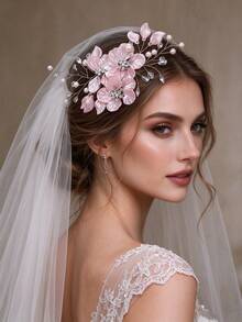 1pc New Korean Style Bridal Wedding Hair Accessory, Handmade White Shell Petal Pearl Crystal Hair Clip,Summer,Beach - 63376 Pink - View 9
